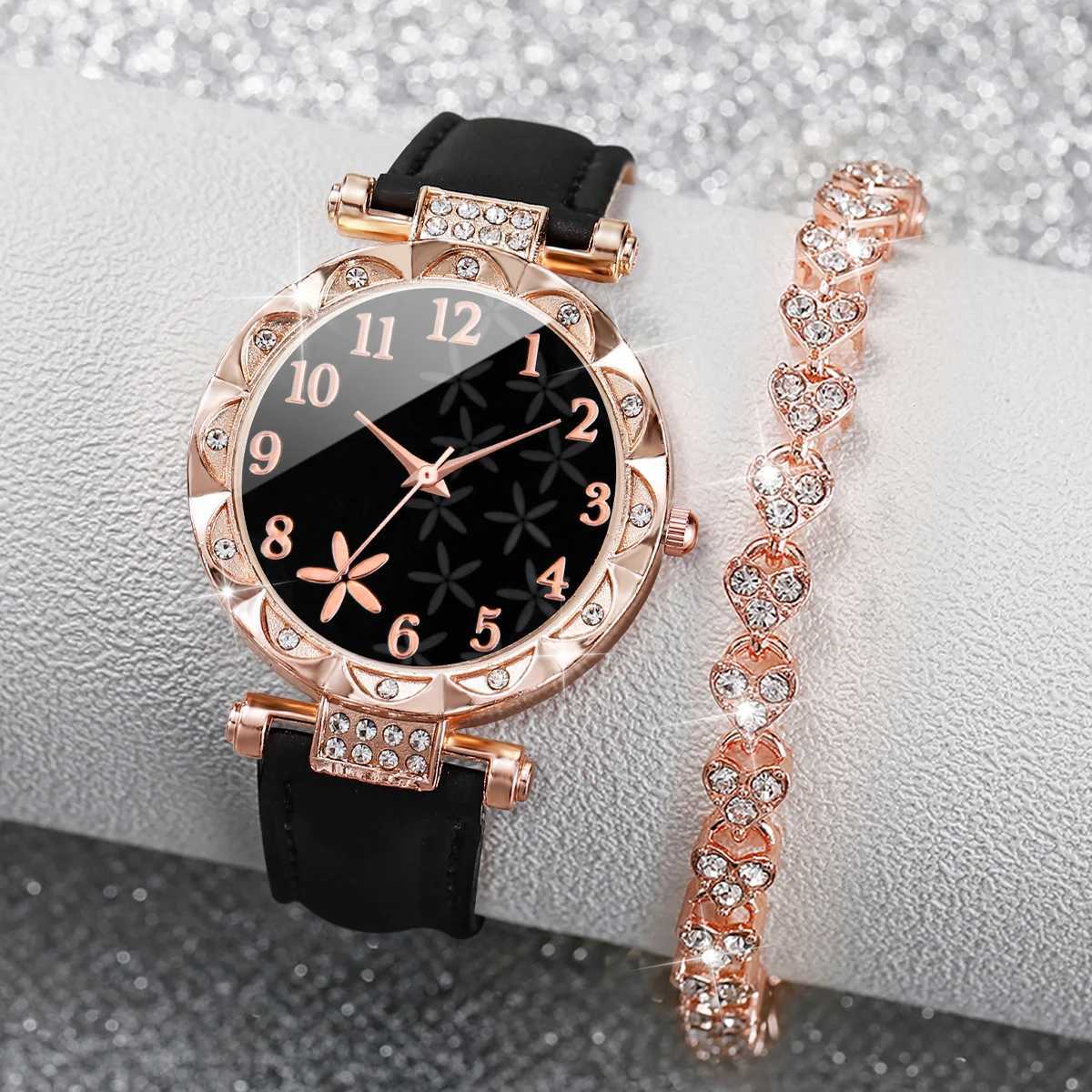 2PCS/Set Women Watches Rhinestone Heart Bracelet Set Fashion Flower Dial Female Leather Band Quartz Wristwatch XJ250527