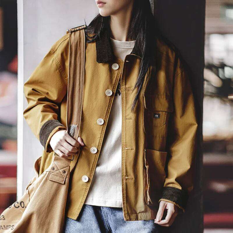 Maden Women's Corduroy Lapel Collar Spring Ginger and Beige Color Working Jacket Oversized Vintage Coat Hunting Tops