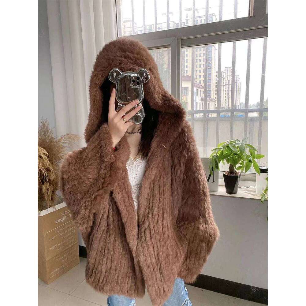 Genuine Rabbit Coat for Women Long Knitted Jacket Real Fur Fashionable Outerwear 70cm Length Autumn and Winter