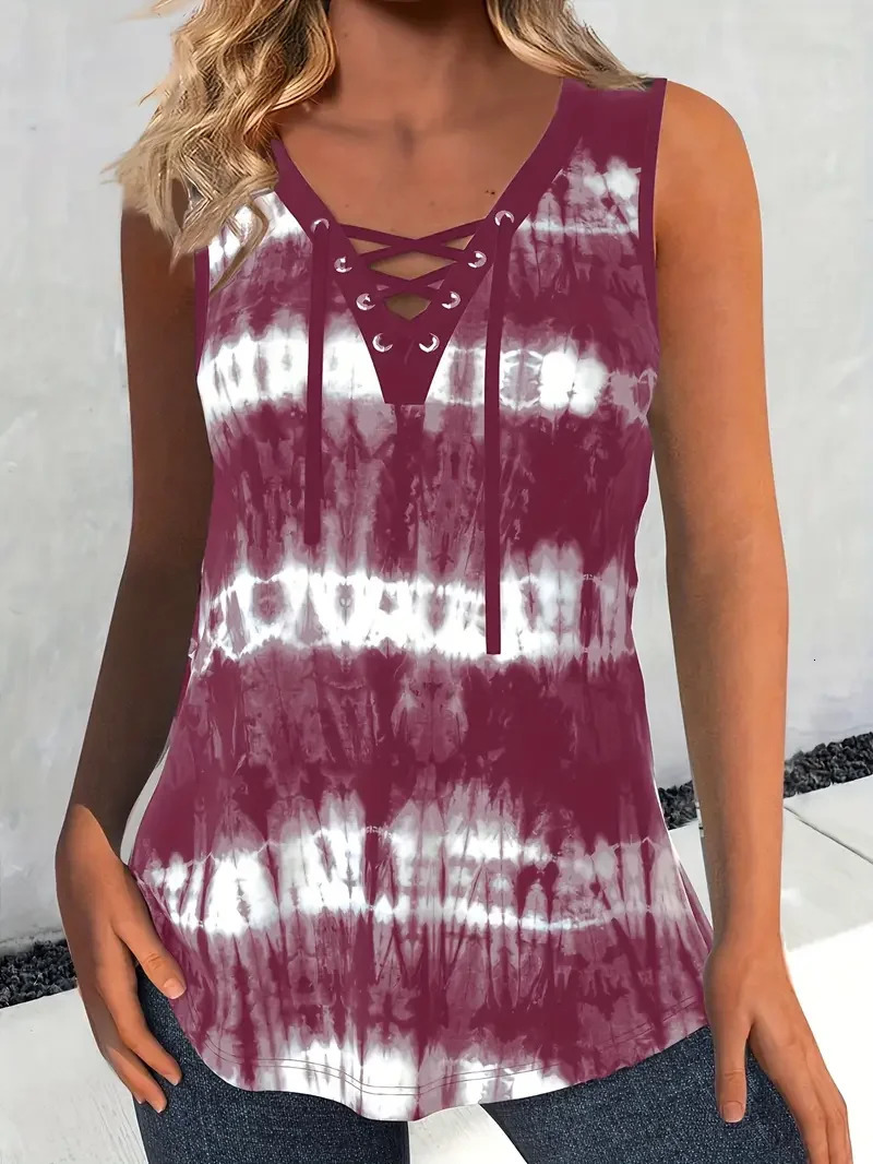Plus Size Womens Fashion Tie Dye Print Sleeveless Tank Tops Ladies Casual Round Neck with Crisscross Detail Summer 250519