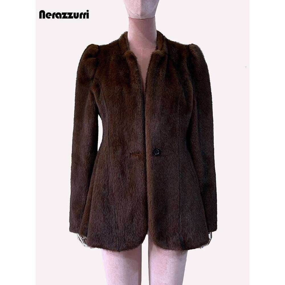 Nerazzurri Winter Short Brown Thick Warm Soft Fitted Faux Mink Fur Coat Women Single Button Elegant Chic Fluffy Jacket