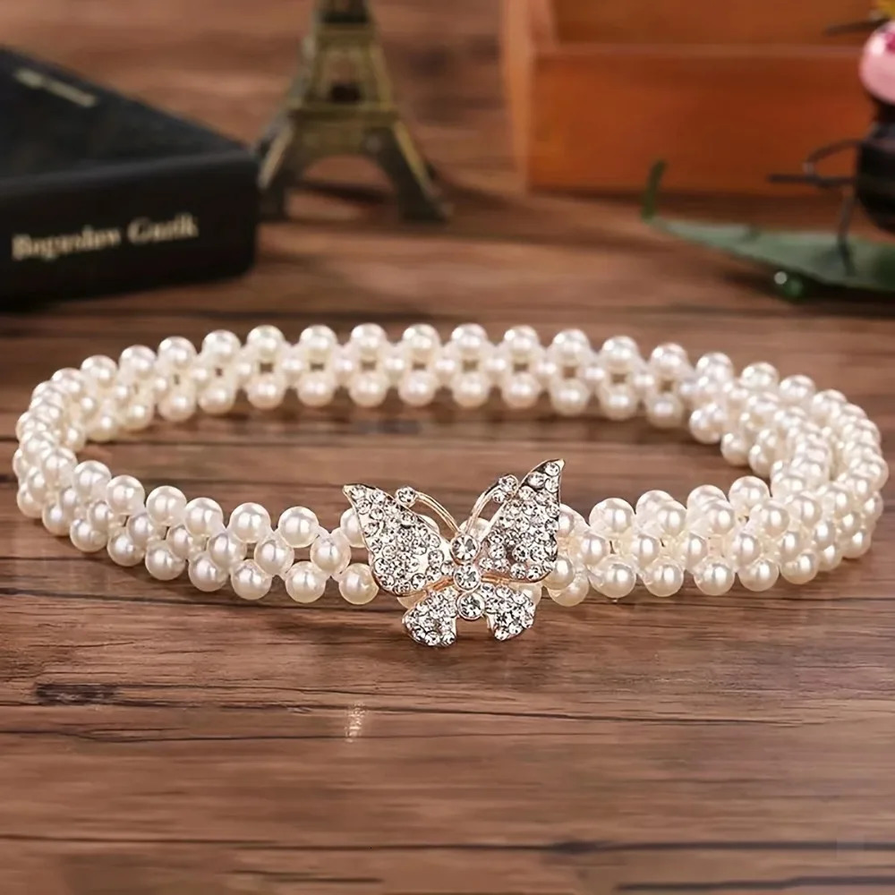 Exquisite Butterfly Buckle Waistband Elastic Pearls and Rhinestones Waist Strap Casual Waist Belts Clothing Decoration 250523