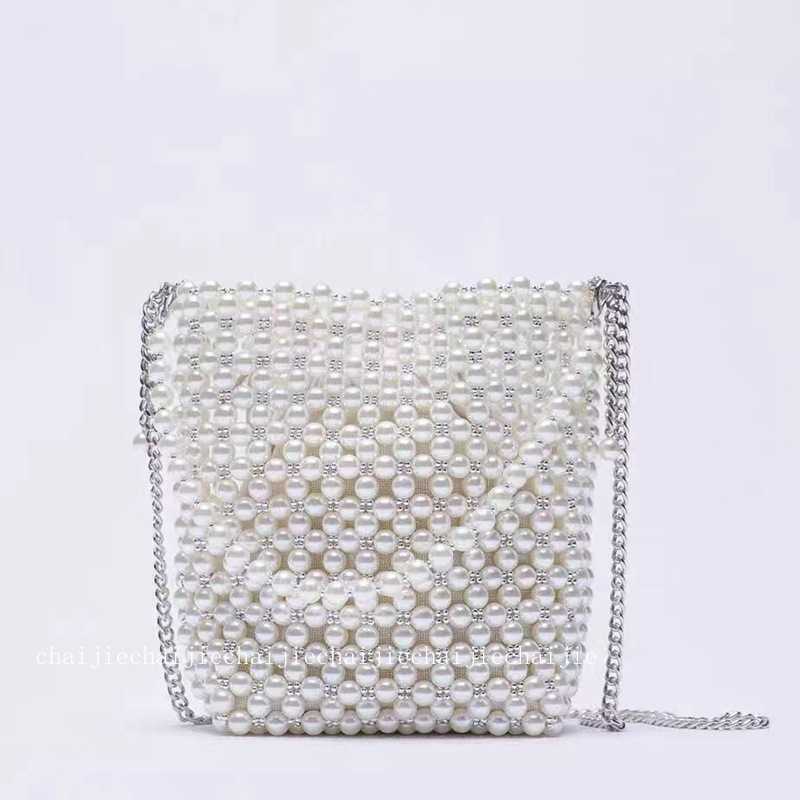 New Womens Bag Trendy Texture White Pearl Bag Beaded Fish Skin Fairy Handheld Cross Shoulder Chain Single Shoulder Bucket Bag