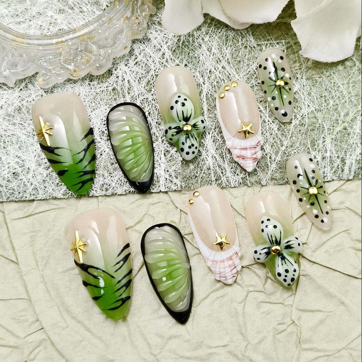 10pcs 3D Flowers Handmade Press-on nails Medium Almond Nails Bundle Vibrant Green 3D Handraw Star Finished nail stickers Free storage box jelly glue n