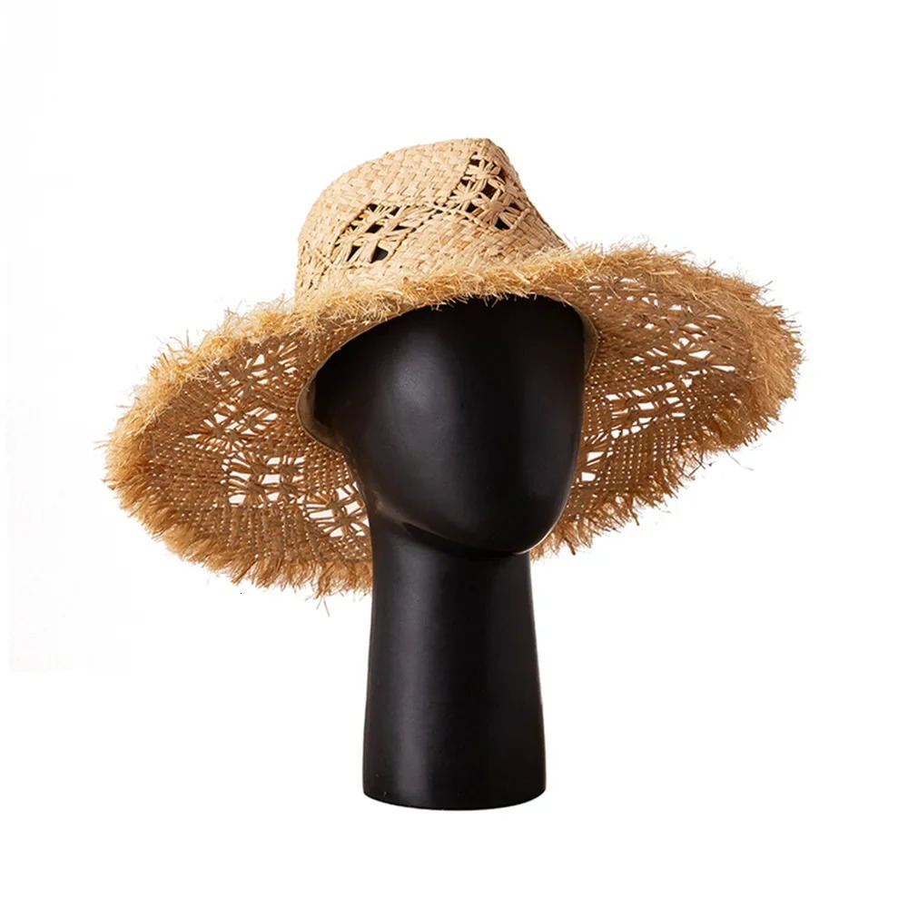 Summer Fashion Sun Hat Casual Hollow Hand Woven Raffia Jazz Sunhat Grinding Burr Edge Outdoor Sunshade Panama Straw Fedora Hat 250526