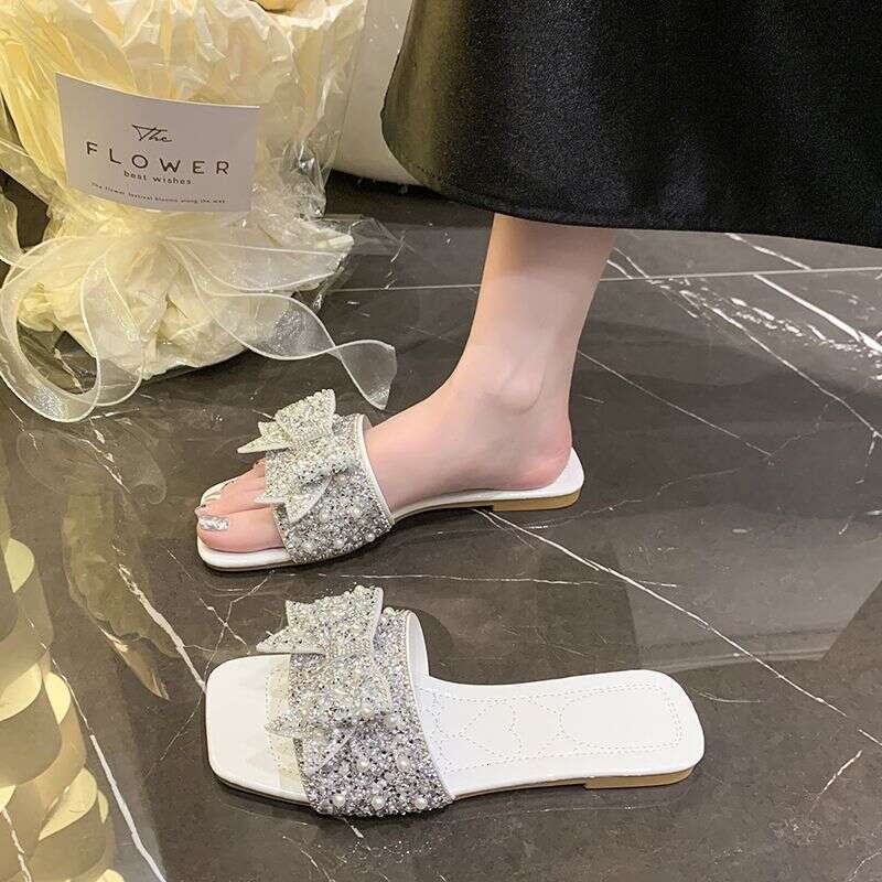 Exquisite Bow Tie Rhinestone Slippers For Women's Summer New Designer Sandals Comfortable Flat And Fashionable Sandals Luxurious Shoes