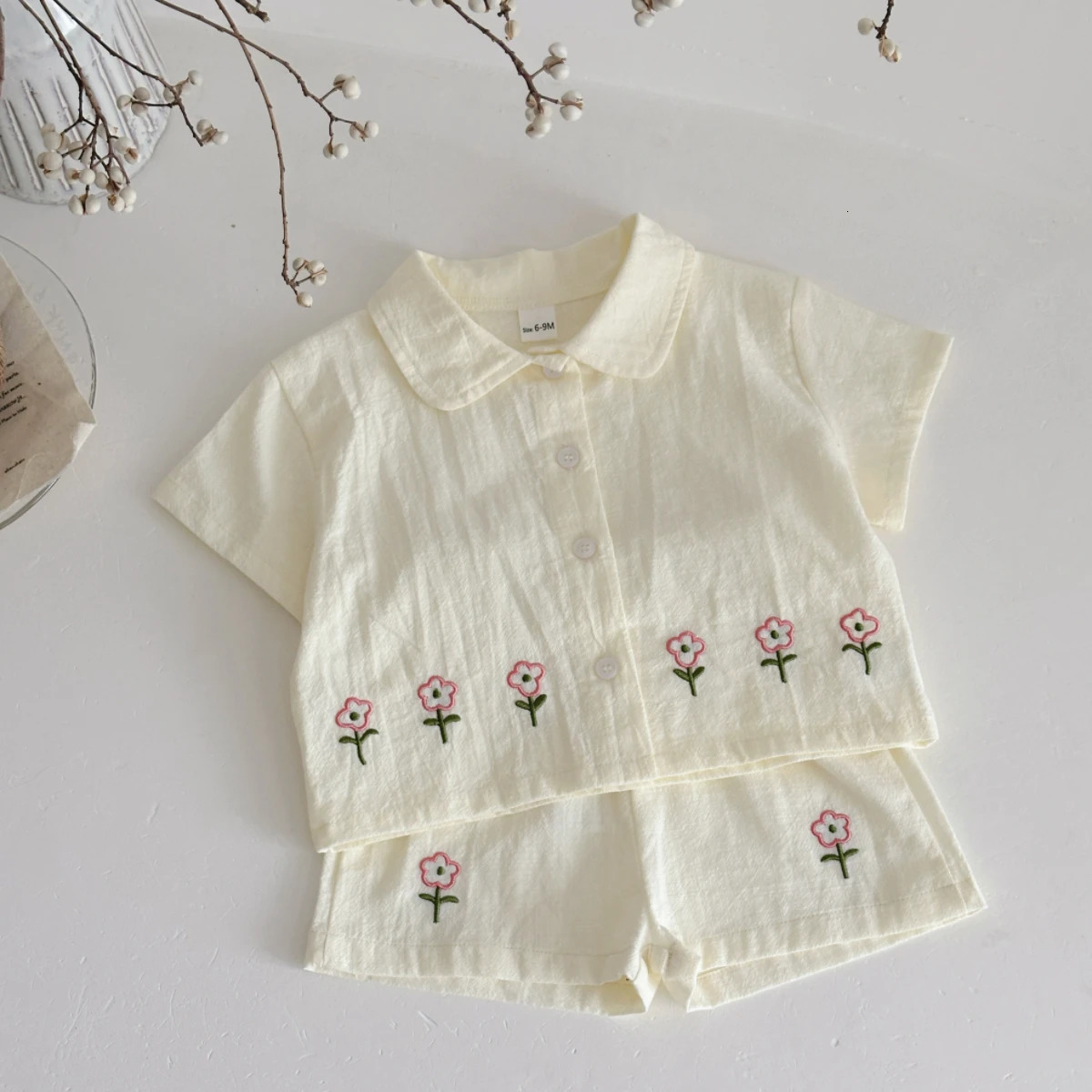 Cute Summer Baby Tracksuit Set Embroidered Flower Cotton Shirt Shorts Child Casual Sports Clothes Fashionable Outfit 250528