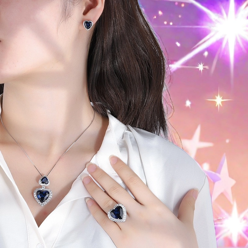 15*15 Love heart Jewelry Set S925 sterling Silver Royal Blue High Carbon Diamond Ring, Pendant Necklace, Earrings ,Antique Classic Elegant Precious Je