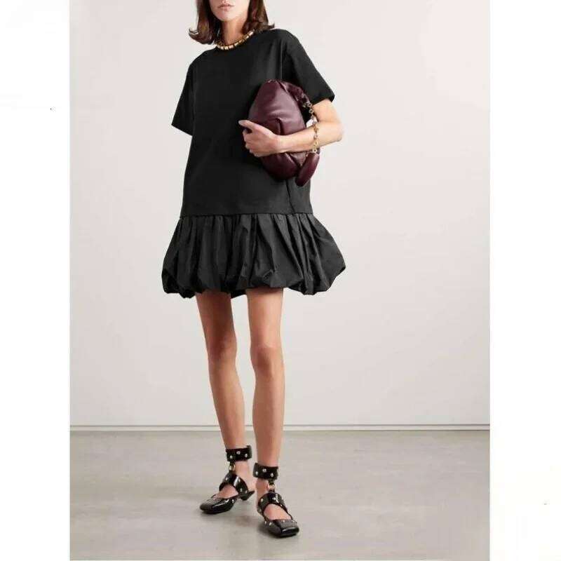 Women's Wear Women 25 Spring And Summer New Knitted Splicing Loose Casual Sleeve Puffy Round Neck Short Dress