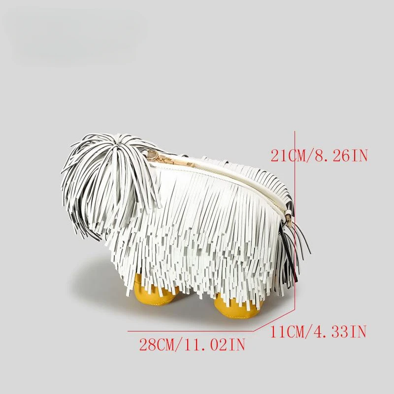 Fashion Creative Cute Tassel Pine Lion Dog Shape Shoulder Bag Adult Funny Stylish PU Handbag Unisex Shepherd Dog Messenger Bag
