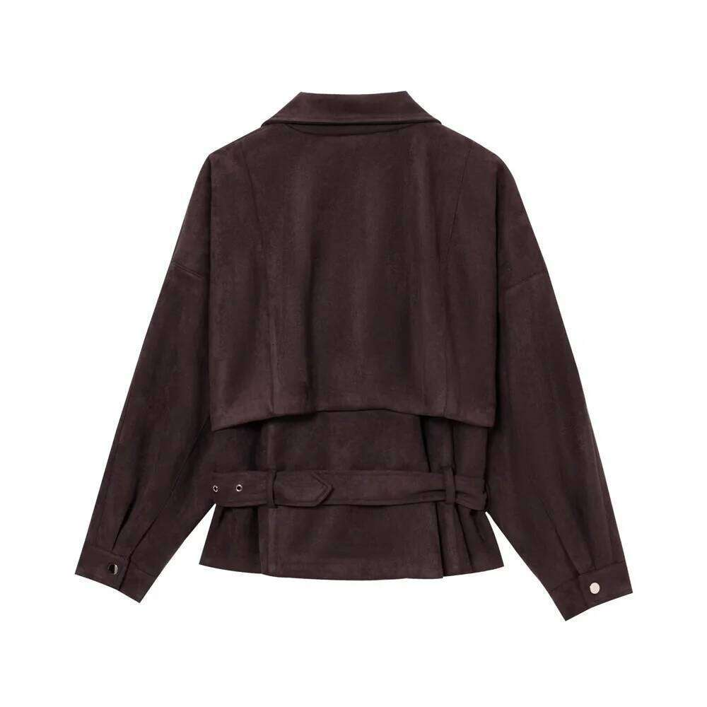UNIZERA women's spring summer new fashion, simple and versatile suede motorcycle style jacket with belt