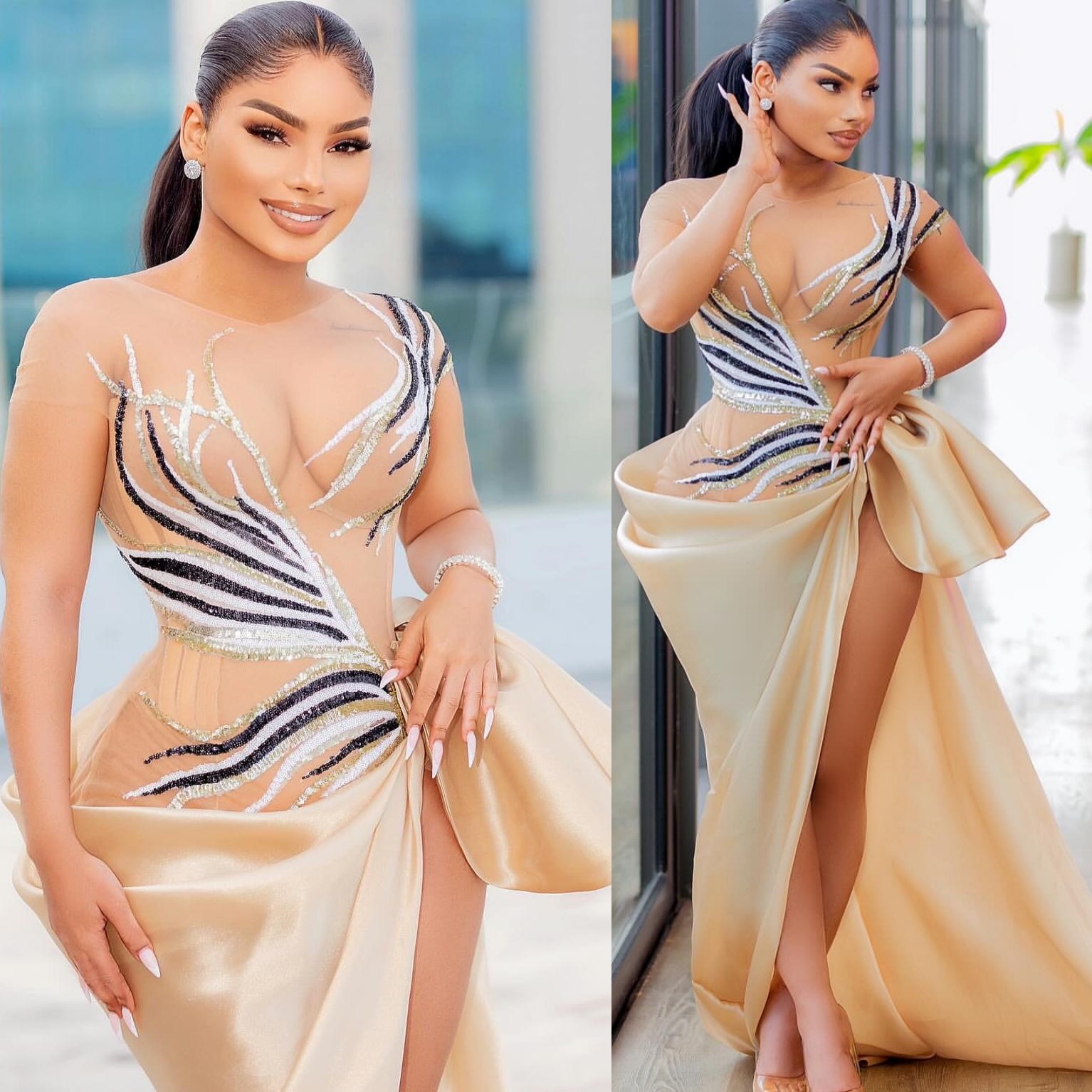 Champagne Mermaid Prom Dresses 2025 Organza Sequined High Split Evening Formal Party Second Birthday Engagement Gowns Plus Size Dress For Special Occa