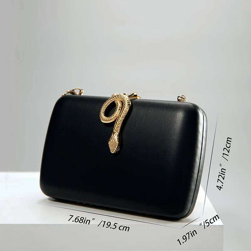 Classic Black Imitation Sheepskin PU Square Metal Snake Head Clutch Bag Can Be Worn Cross-Body, Suitable For Parties, Banquets,