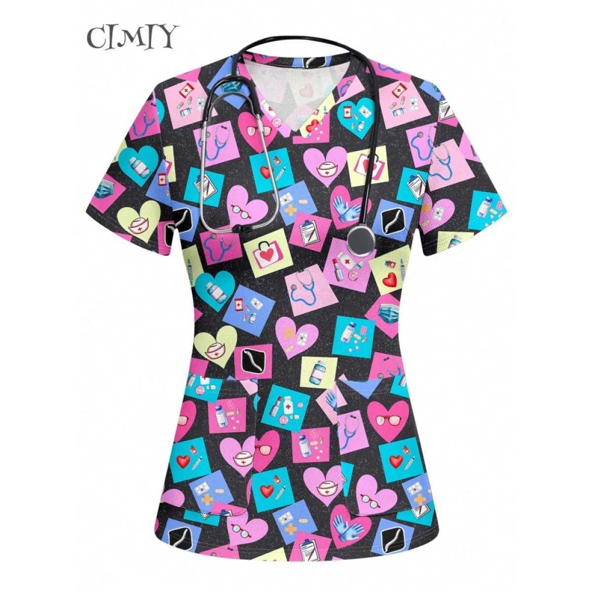 Uniform Nurse Cat Print Scrub Tops Pet Shop Medical Uniforms Nurse V-Neck Shirt Nursing Accessories Doctor Scrubs Clothes 2025 X250528