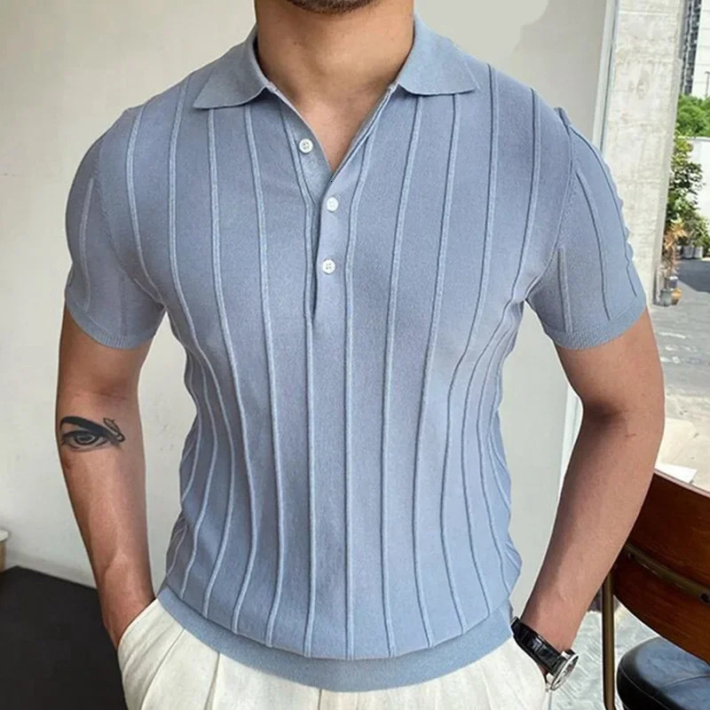 Mens Short-Sleeved Polo Shirt with Lapel Collar Business Casual Style Pure Color Sweater Fashionable Plus Size 250527