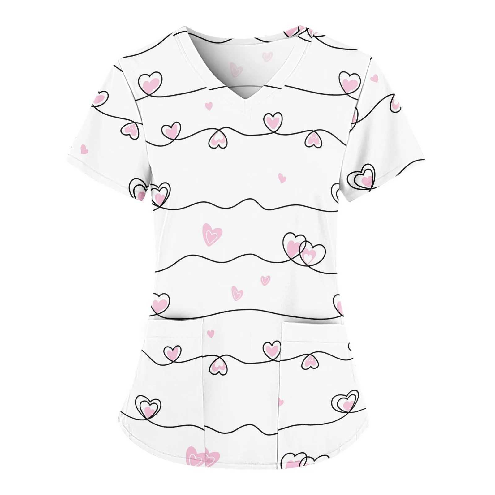 Nursing Uniform Womens Working Clothes Scrubs Top With Two Pockets Graphic Printing V-Neck Medical Short Slve Ts Blouse X250528