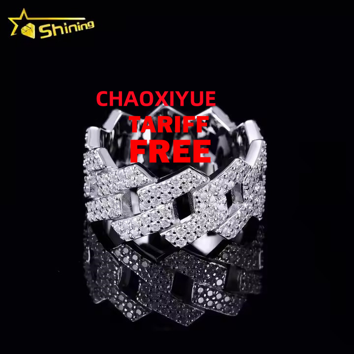 Wholesale Factory Price in Stock Moissanite Jewelry 925 Silver Iced Out 2 Row Diamond Cuban Rings Moissanite Hip Hop Ring