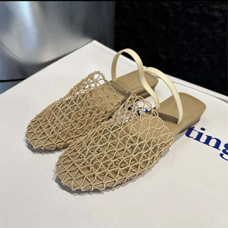 Niche Fishnet Woven Hollow Sandals for Women Summer New Thick Low Heel Round Mules Roman Closed Toe Half Slippers