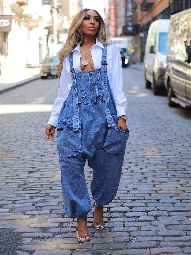 Jumpsuit Women Denim Cargo Pants Wide Leg Pockets Casual Cool Fashion Street Wear Romper Wholesale Dropshipping New Style