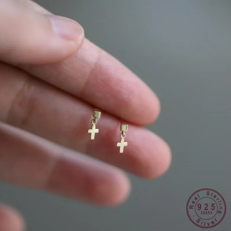 925 Sterling Silver Plated 14K Gold Mini Cross Stud Earrings for Women Korea Temperament Versatile Jewelry 250527