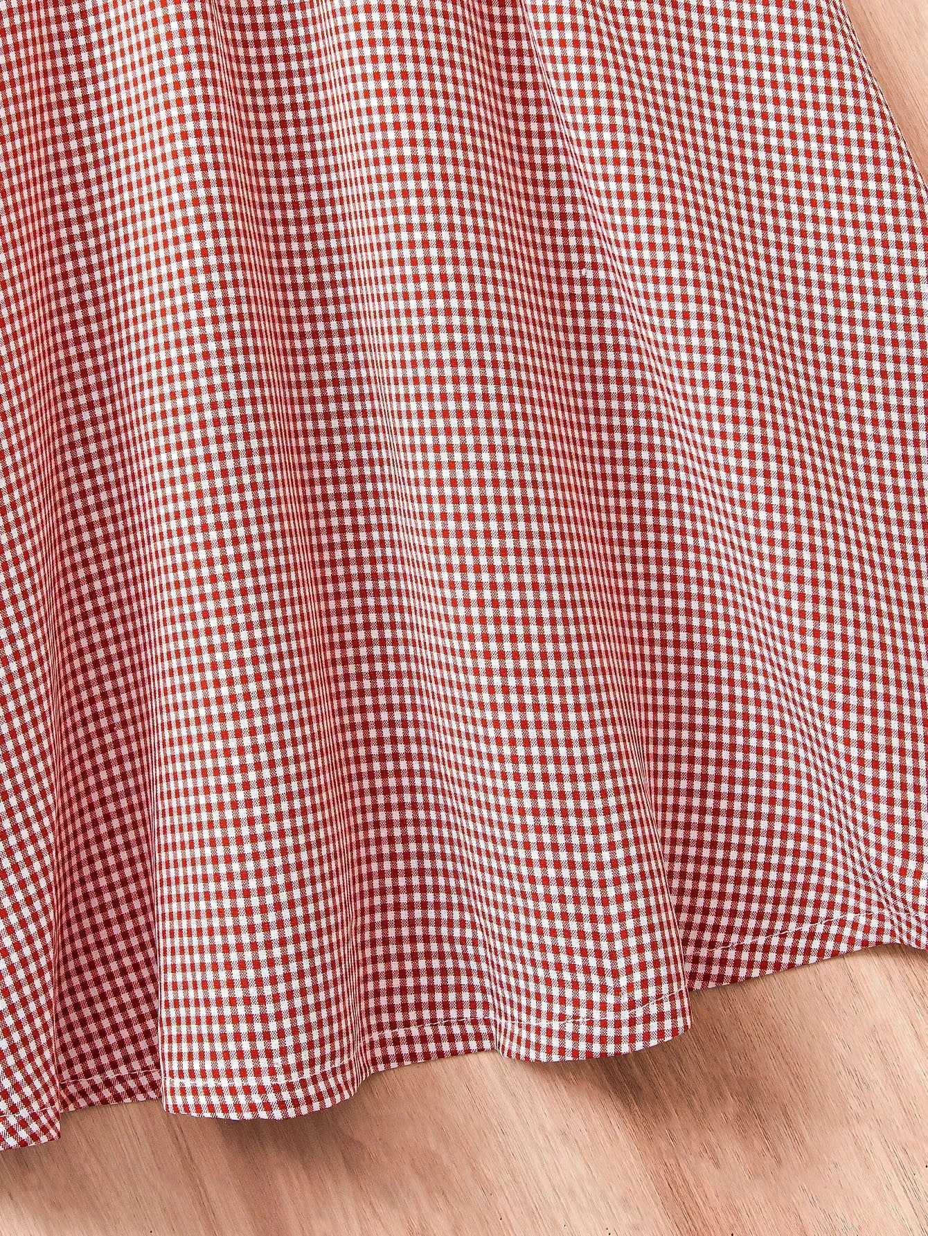 Girls Red White Gingham Dress with Flutter Sleeves Floral Accents - Perfect for Holidays/Outings Age 4-7 Spring/Summer X250528