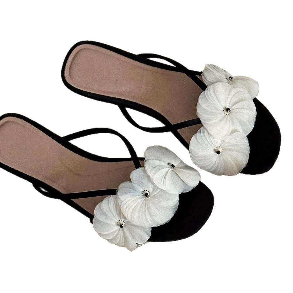 ~French Floral One-Strap for Women Summer Outdoor Fairy Flat Sandals Vacation Style Half Slippers