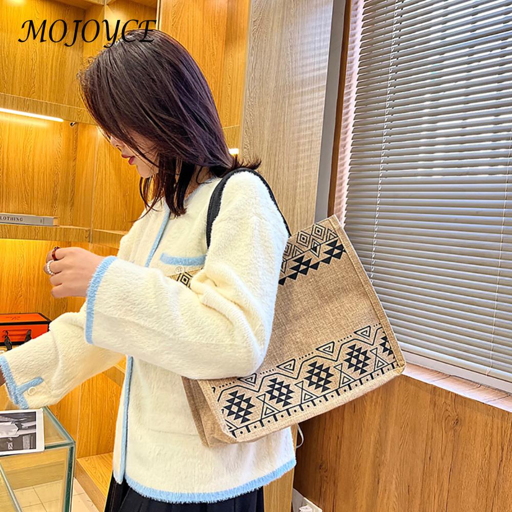 Female Casual Shoulder Bag Lady Geometric Pattern Linen Fabric Handbag Women Fashion Bag Casual Ladies Bag