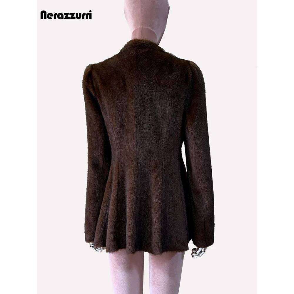 Nerazzurri Winter Short Brown Thick Warm Soft Fitted Faux Mink Fur Coat Women Single Button Elegant Chic Fluffy Jacket