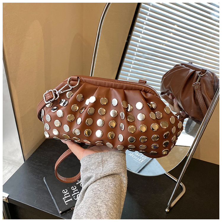 New Women's Bag New Fashionable Shoulder Commuter Underarm Bag Handbag Round Rivet Personalized Trendy Designer Wrinkled Cross Shoulder Bag Singl