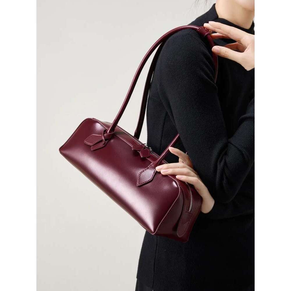 Zency Wine Red Designer Underarm Handbag Premium Oil Wax Leather Shoulder Bag Ladies Satchel French Style Waterproof