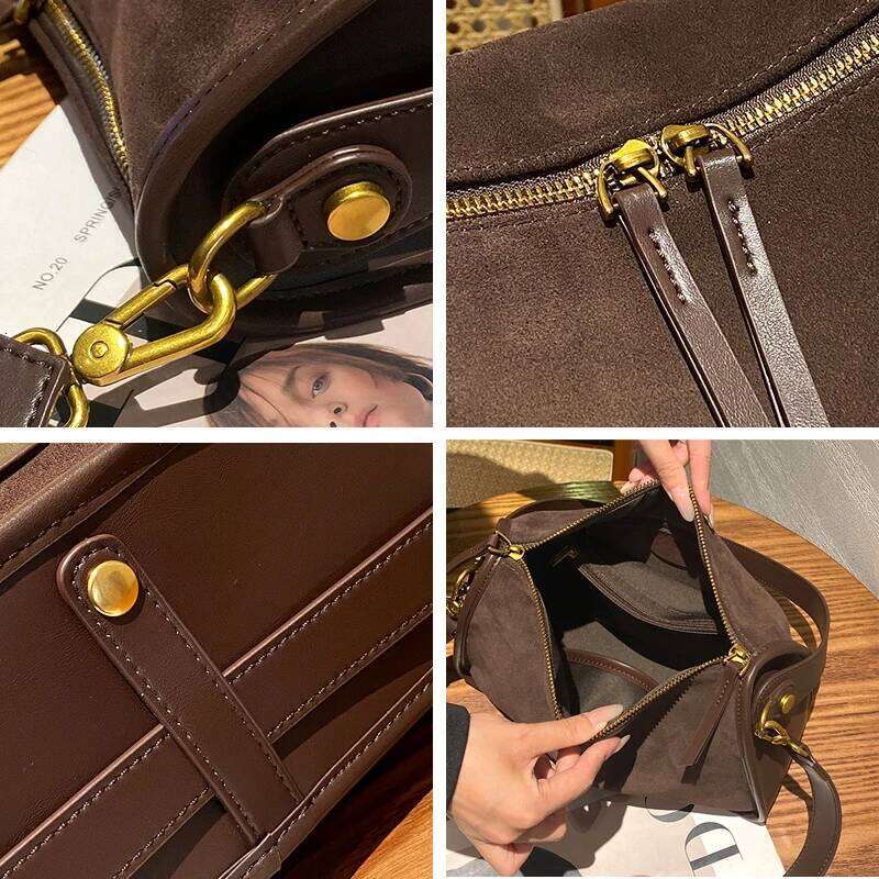 Retro Women Genuine Suede Cowhide Leather Crossbody Large Capacity Soft Wearable Cow Shoulder Travel Bag With Double Zipper