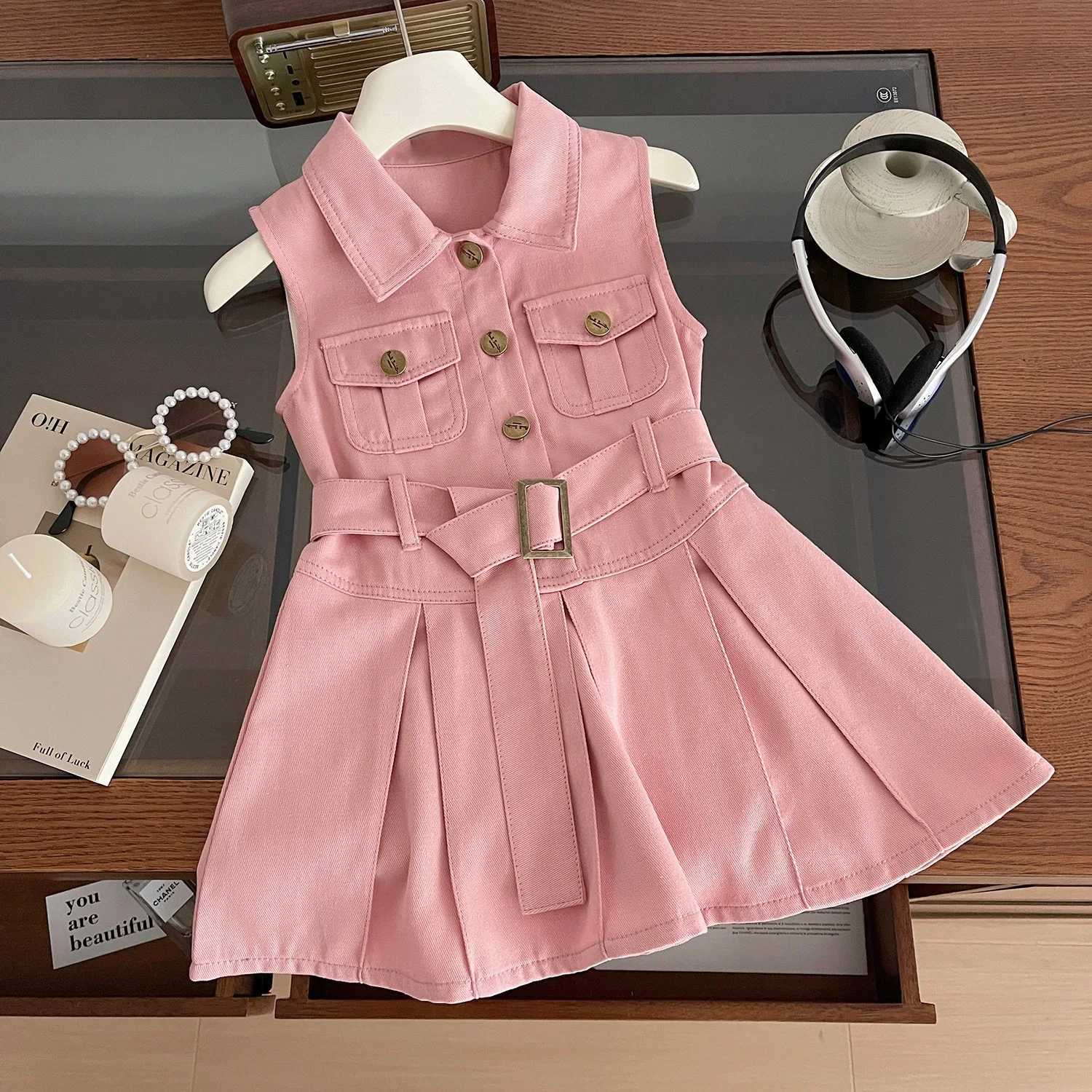 2025 Summer New Girls Denim Dress Belt Decoration Lapel Collar Sleeveless Tutu Princess Dress For 2 -10 Years Kids Fashion Dress X250528