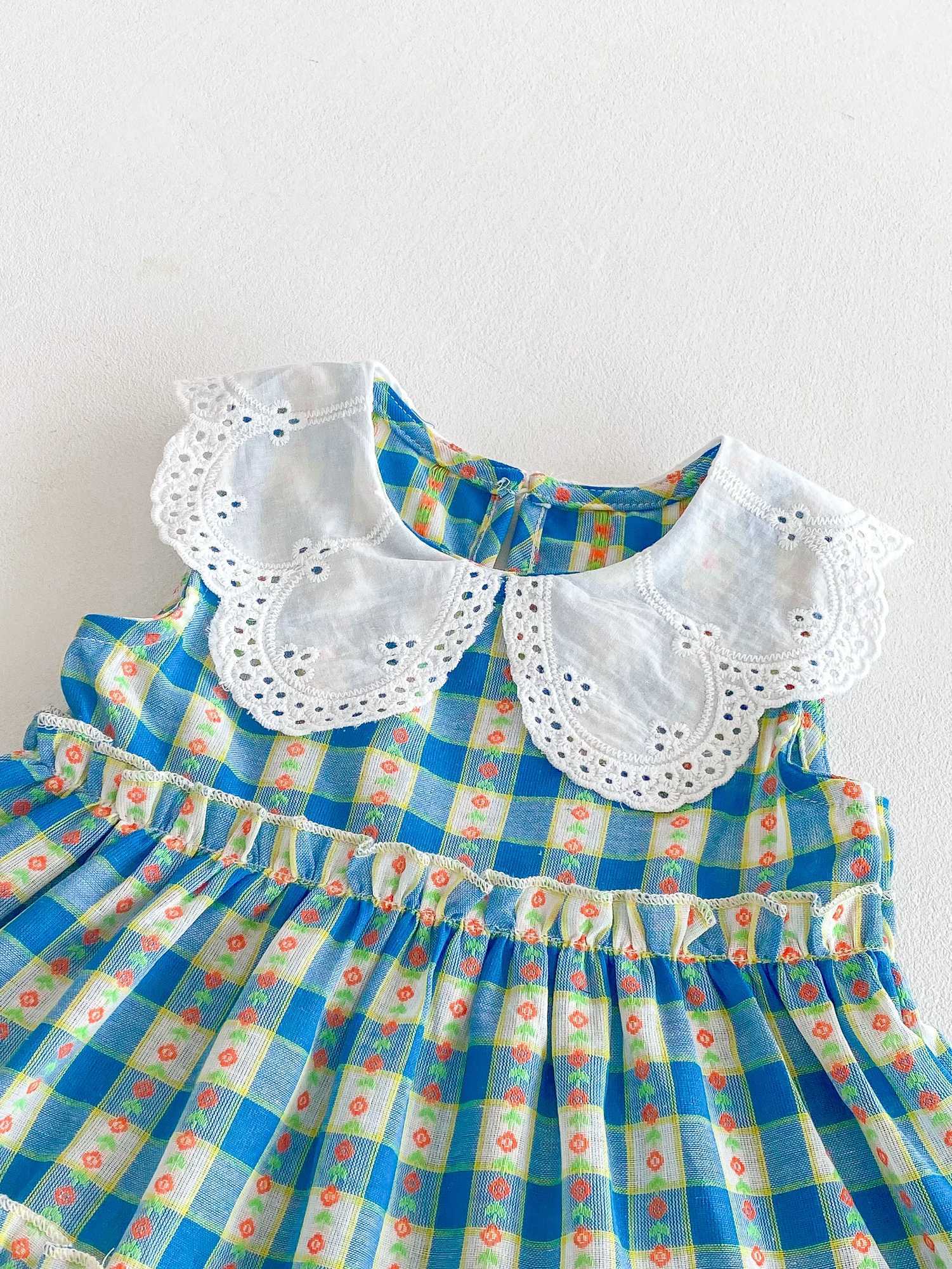 Summer girls dress sleeveless checkered lace lapel dress casual patchwork dress X250528