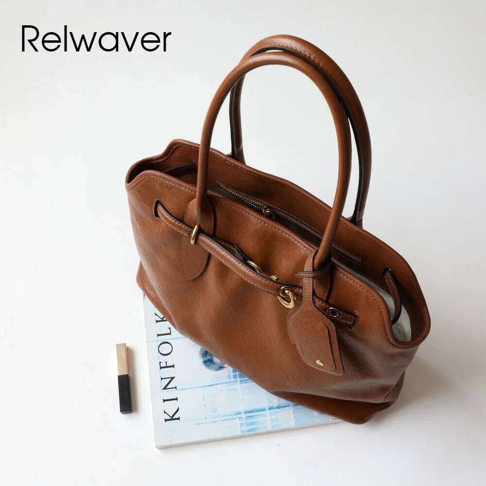 Relwaver genuine tote tree cream cow leather handbag winter brown black big capacity commuting women bag