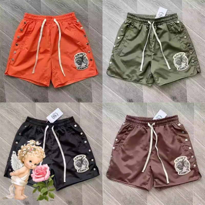 Men's Shorts Orange Black Green Brown SAINT VANITY Embroidery Rivet Zipper Pockets Men Women Drawstring V-shape Shortpant Patch Label
