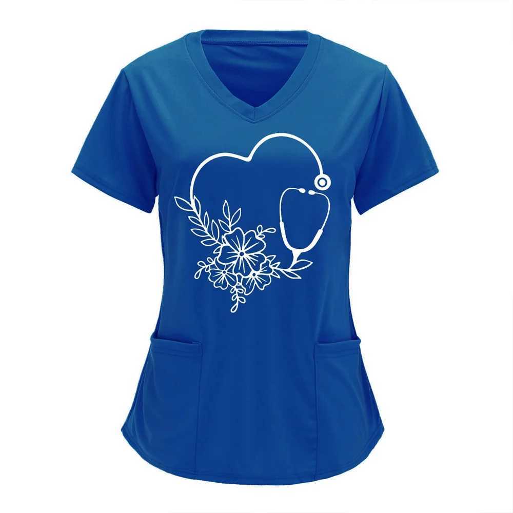 Summer Womens Clothing With Stethoscope Pattern Short Slved V-Neck Fashion Frosted Tops Uniform Short Slve Doctor Nurse New X2505281