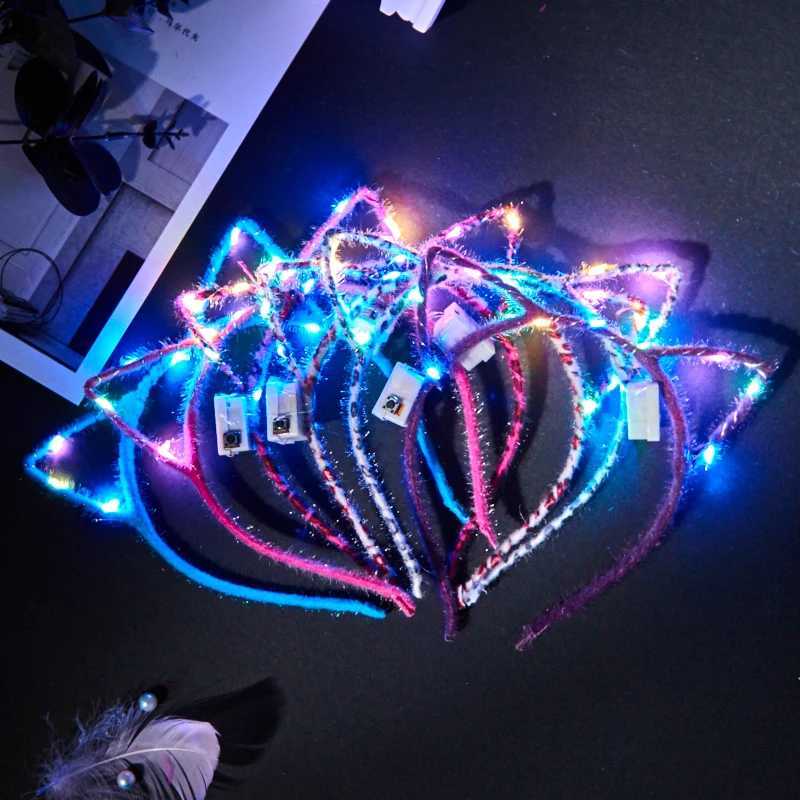 10/20/30 pcs LED Glow Cat Bunny Ear Horn Hairbands Light Up Flash Headband Women Girl LED Neon Birthday Wedding Party Supplies W250528