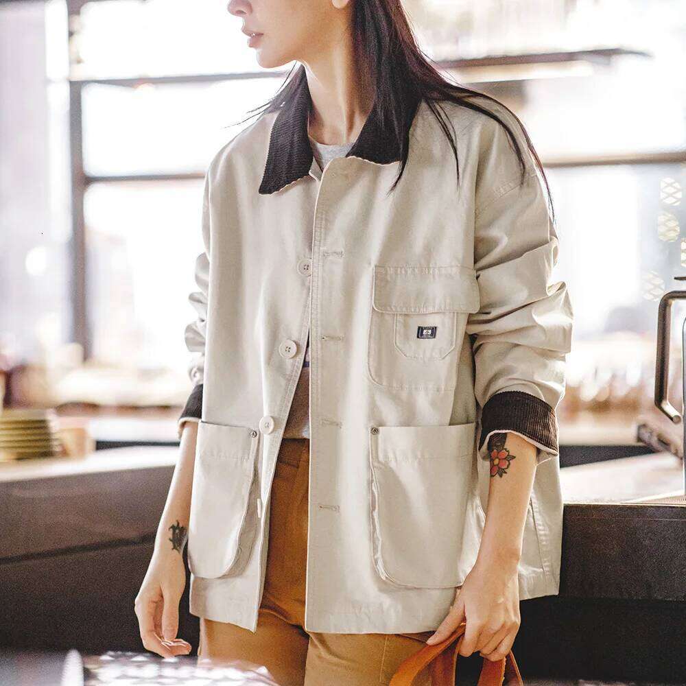 Maden Women's Corduroy Lapel Collar Spring Ginger and Beige Color Working Jacket Oversized Vintage Coat Hunting Tops