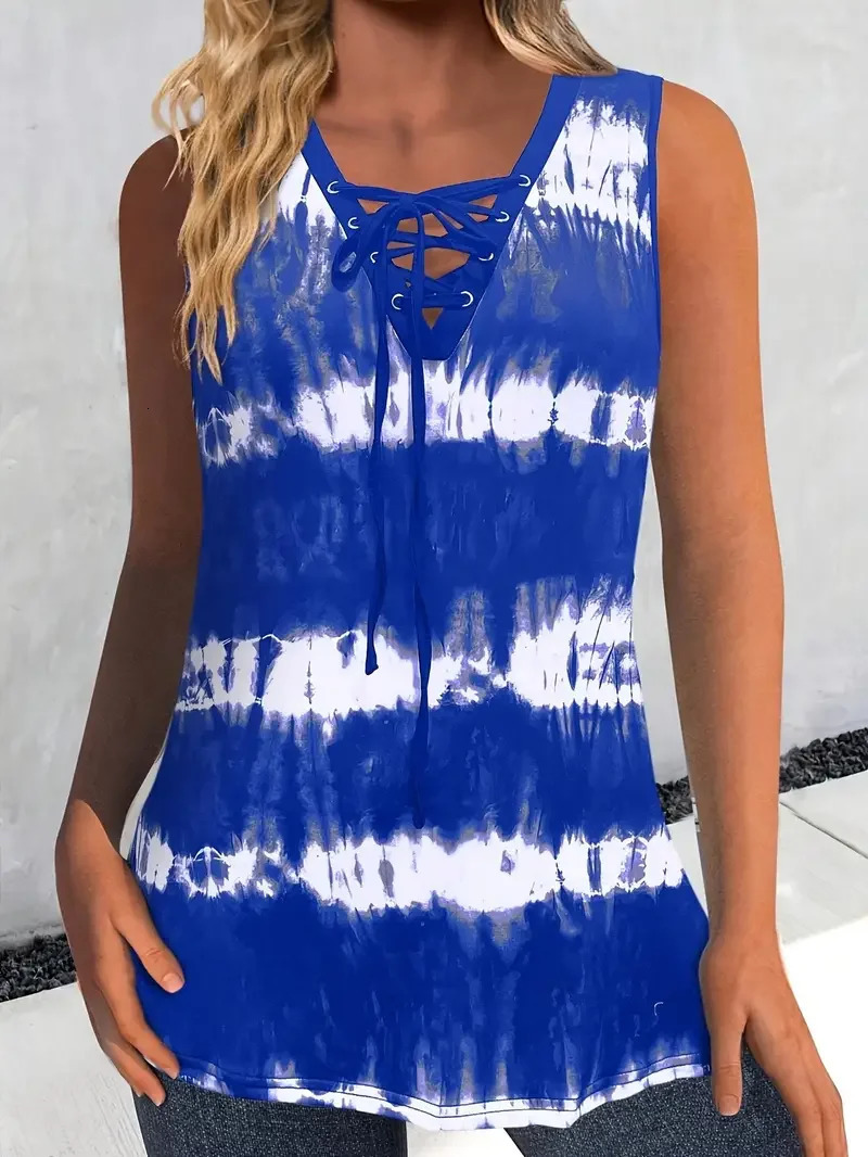 Plus Size Womens Fashion Tie Dye Print Sleeveless Tank Tops Ladies Casual Round Neck with Crisscross Detail Summer 250519