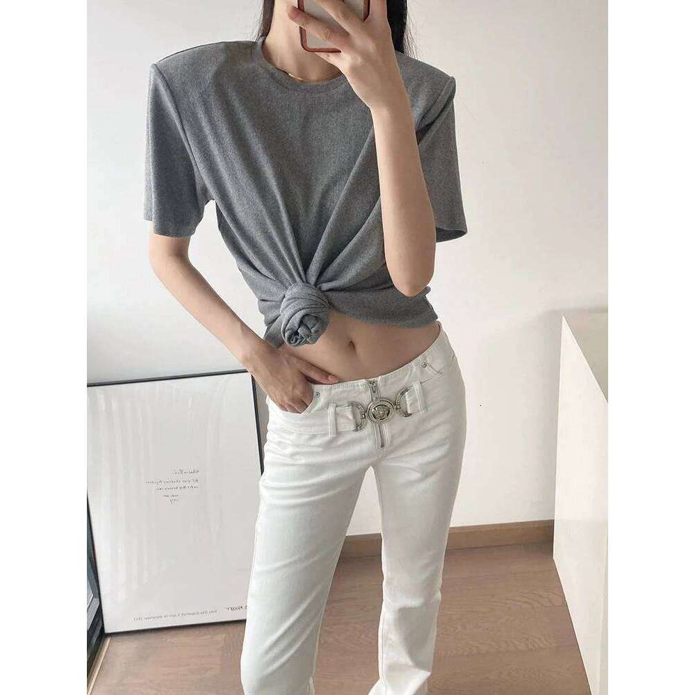 Y2k Knotted Twist Knitted Threaded Round Neck Top Women Fashionable And Versatile Navel Padded Shoulder Short-Sleeved T-Shirt