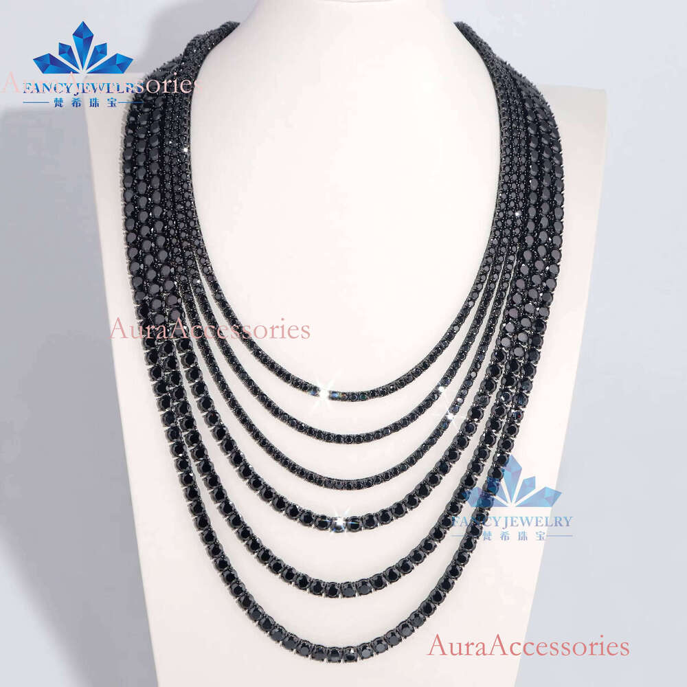 2025 Rhodium Plated 3mm-5mm Sterling Sier Chain Iced Black Moissanite Dia Tennis Necklace