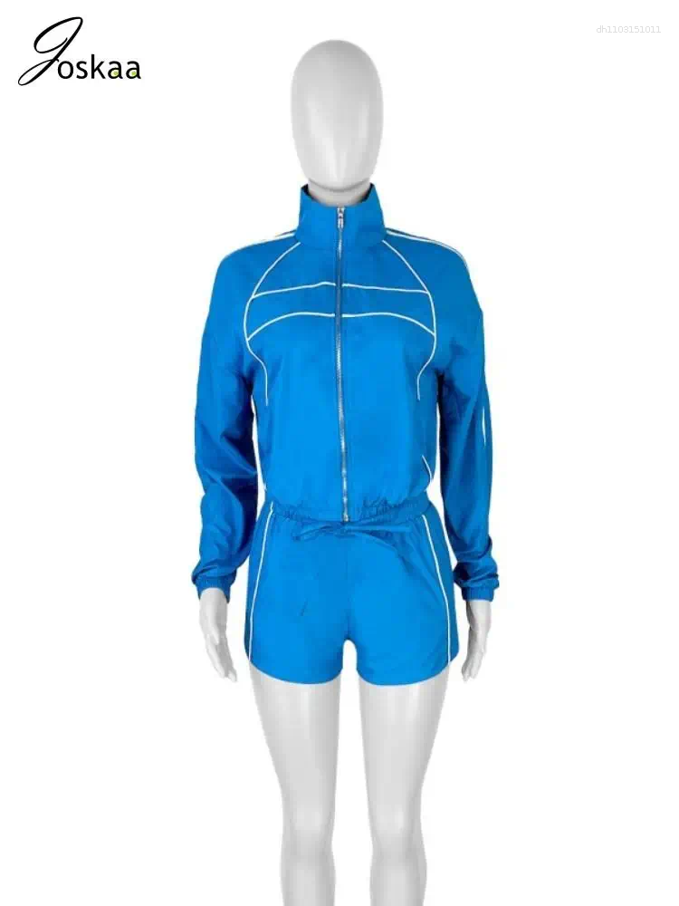 Women's Tracksuits Joskaa Striped Patchwork 2 Piece Sets Women Casual Full Sleeve Zip Crop Jacket And Drawstring Shorts Matching 2025