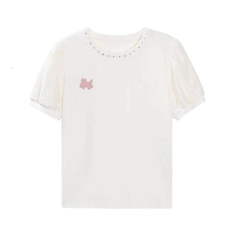 ALXNAN Women's Elegant Embroidered Beaded Short T-Shirt 2025 Summer Loose Boho Chic Puff Sleeve Top Ladies L53793