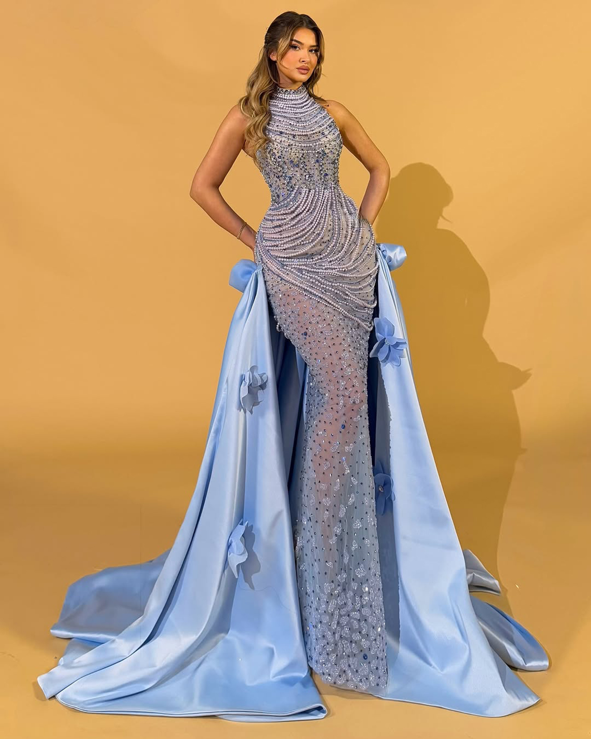 Modern Evening Dresses Pearls Rhinestone Prom Dress with Detachable Train Beading Illusion 3D Flowers Mermaid Party Gowns Vestidos De Noche