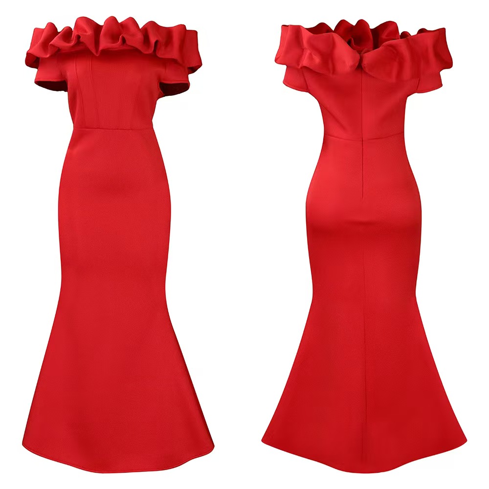Plus size evening dresses 2025 new solid color long dresses fishtail dresses with ruffle trim slim fit skirts