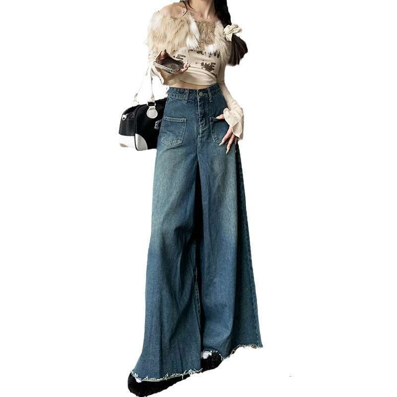 Women's High-Waisted Loose Fit Draped Floor-Length Jeans Autumn New Wide-Leg Frayed Pants