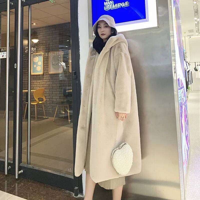 Mid-length Women Imitation Mink Cashmere Overcoat Autumn Winter New Casual Hooded Long Sleeve Thicken Warm Faux Fur Outwear