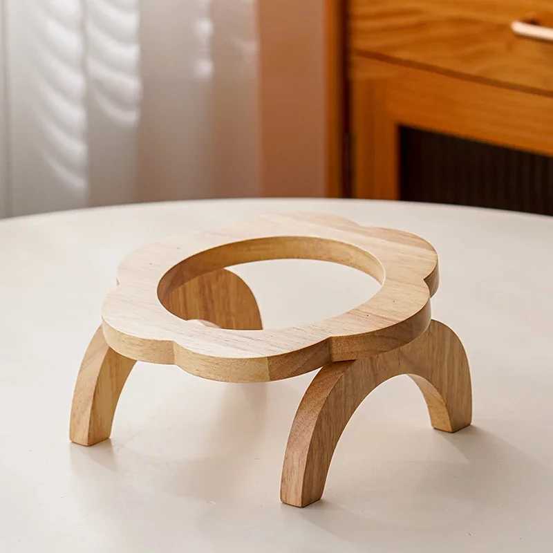 Ceramic Cat Bowl with Elevated Wooden Stand Protection Cervical Spine Puppy Feeding Bowl Drink Water Bowl Pet Supplies Y250528