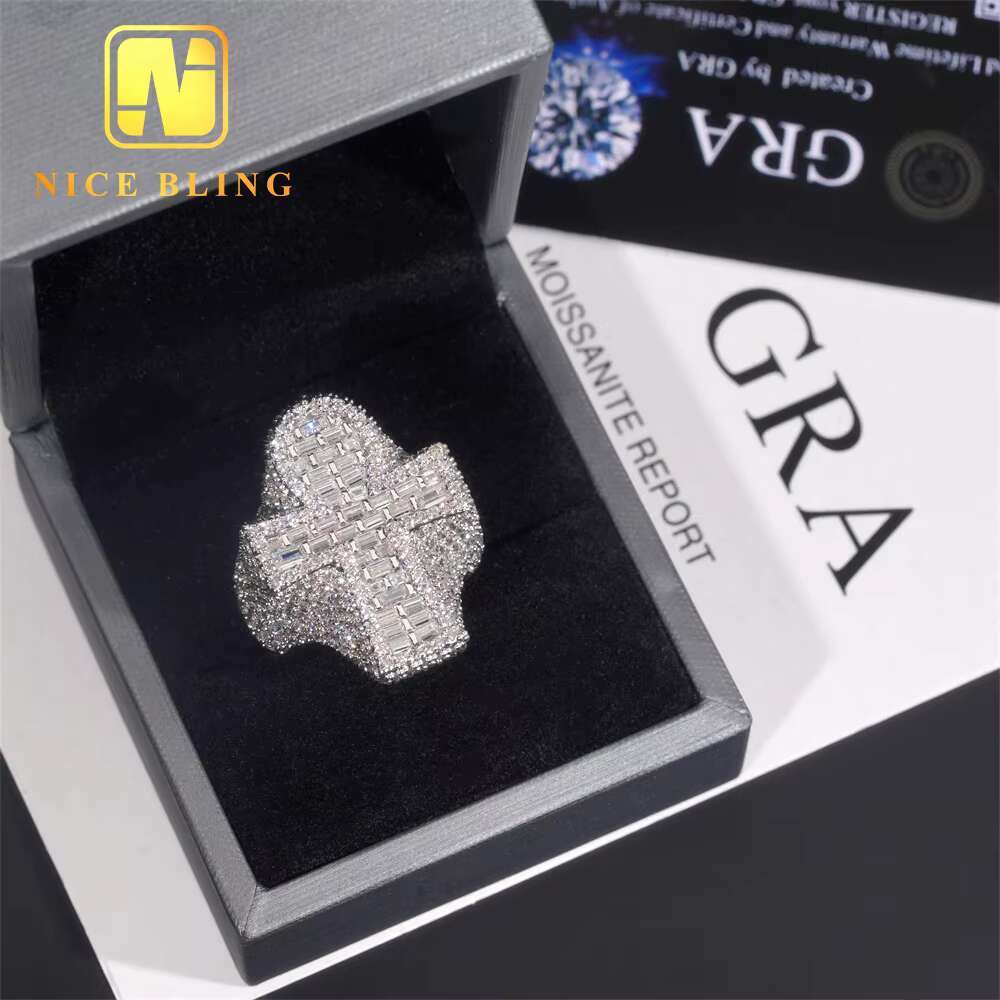 Hot Selling Hip Hop Ring Cross Full Pave Moissanite 925 Sterling Silver Ice Out Moissanite Men Diamond Ring