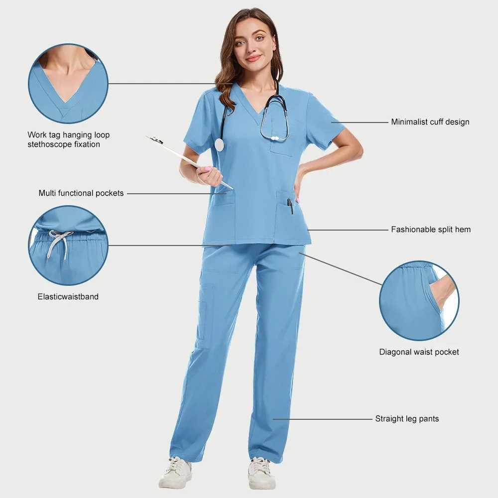 New Scrubs Set Medical Uniforms Stretch Scrub Tops With Pocket Pants Nurse Uniform Doctor Surgery Overalls Beauty Sn Workwear X2505281